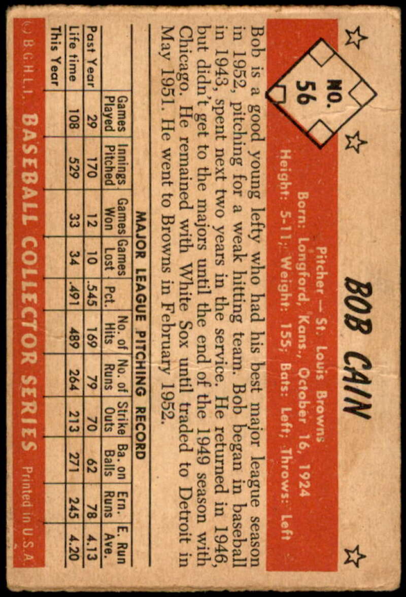 Bob Cain Card 1953 Bowman Color #56 Image 2