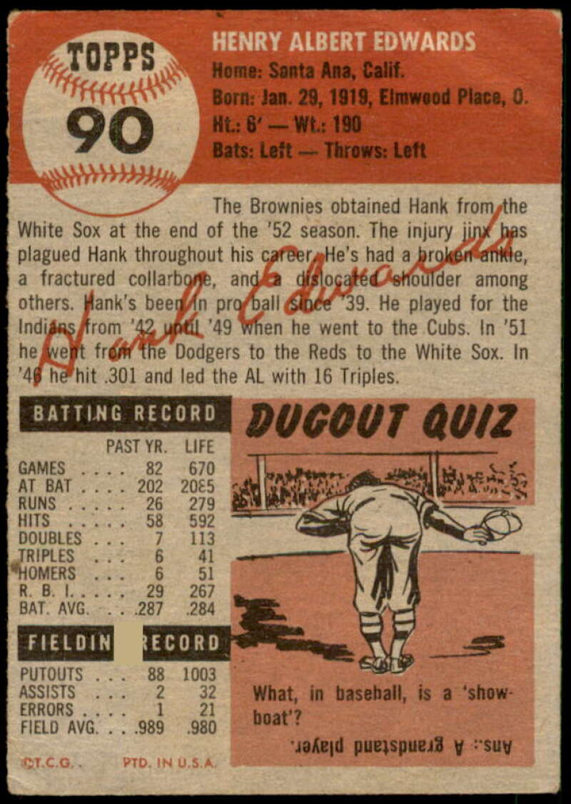 Hank Edwards Card 1953 Topps #90 Image 2