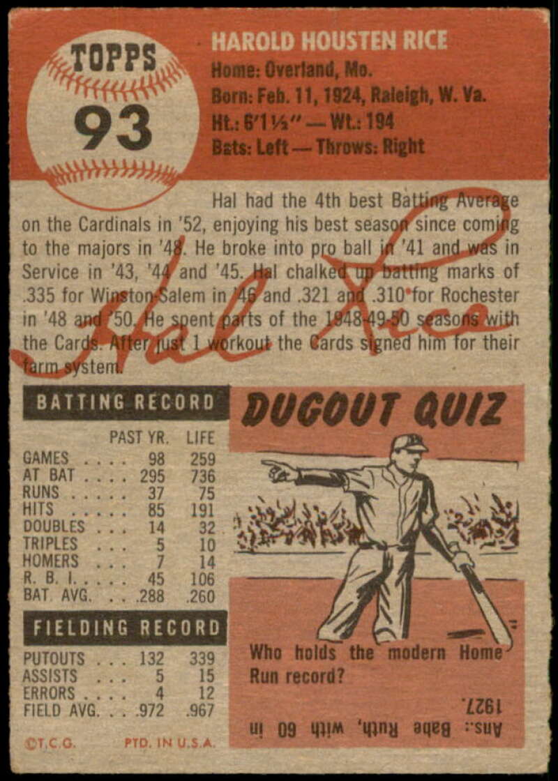 Hal Rice Card 1953 Topps #93 Image 2