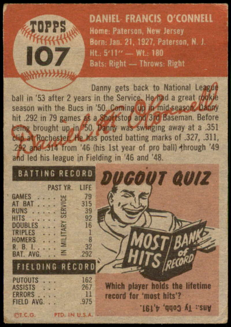 Danny O'Connell Card 1953 Topps #107 Image 2