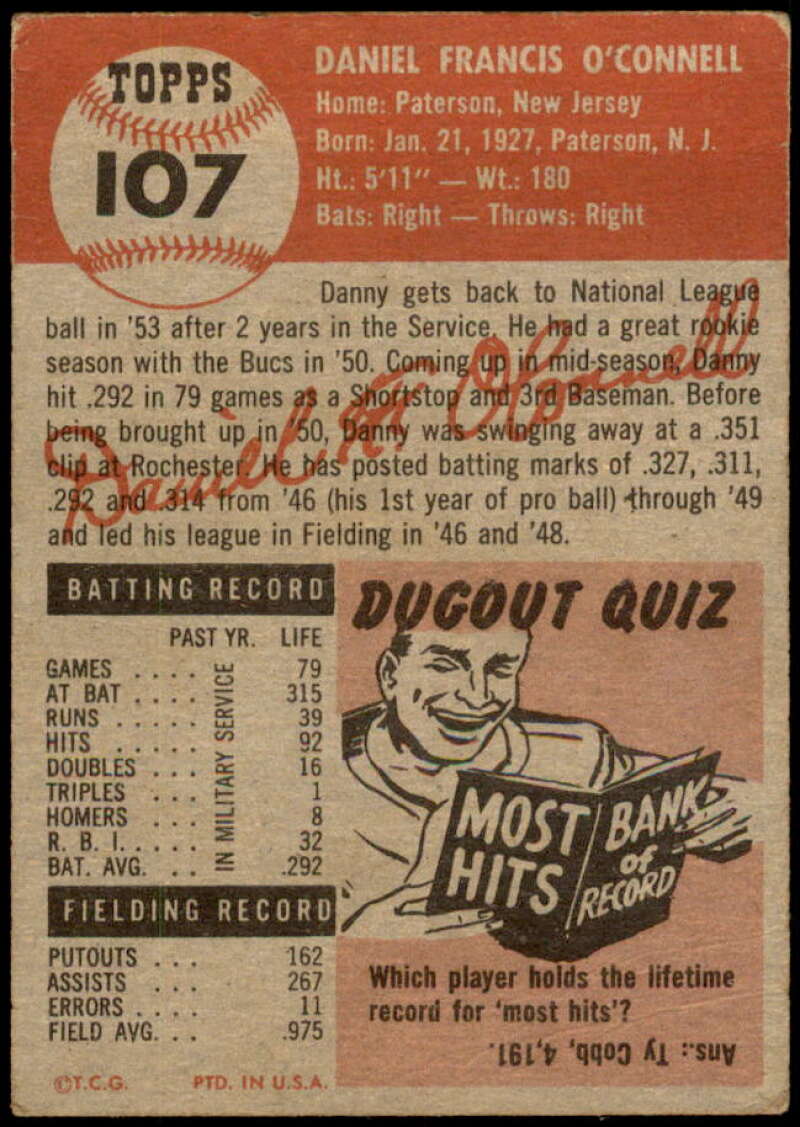 Danny O'Connell Card 1953 Topps #107 Image 2
