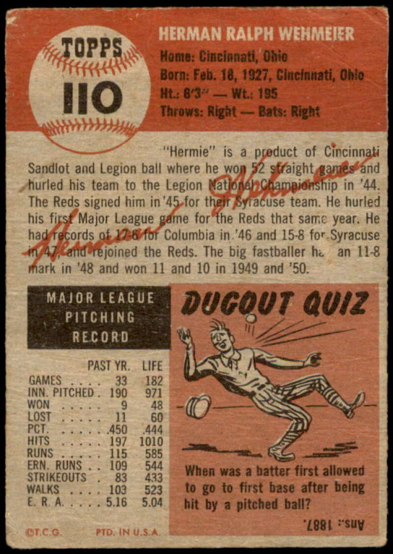 Herm Wehmeier Card 1953 Topps #110 Image 2