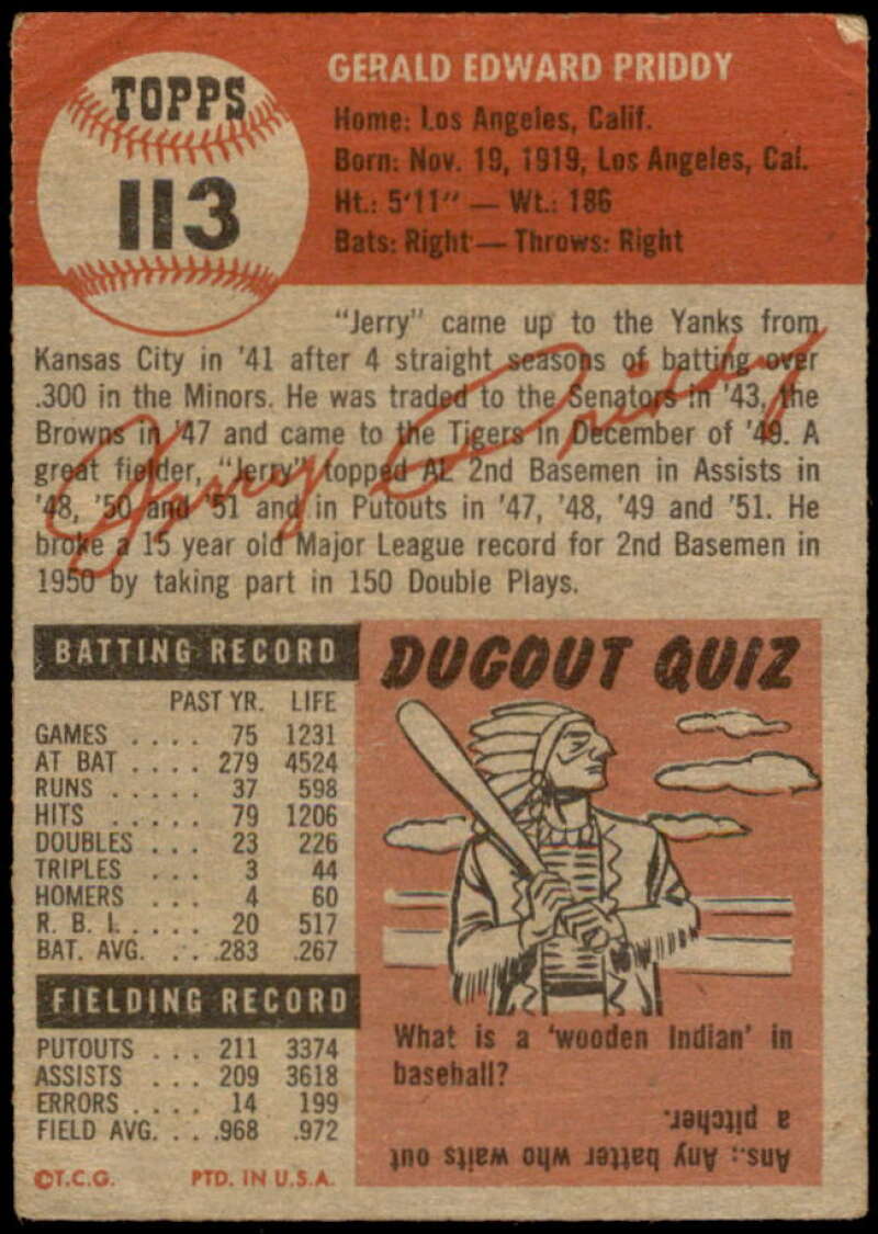 Jerry Priddy Card 1953 Topps #113 Image 2