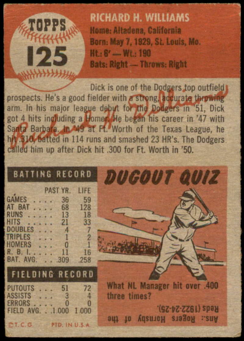 Dick Williams Card 1953 Topps #125 Image 2