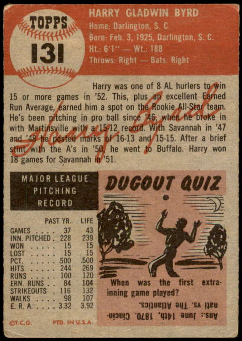 Harry Byrd Card 1953 Topps #131 Image 2