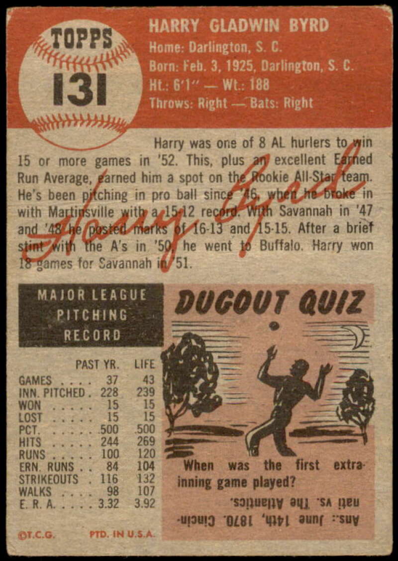 Harry Byrd Card 1953 Topps #131 Image 2