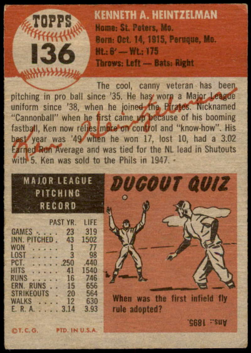 Ken Heintzelman Card 1953 Topps #136 Image 2