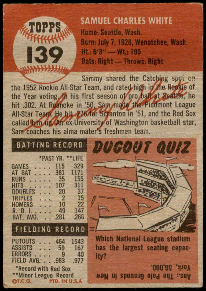 Sammy White Card  1953 Topps #139 Image 2