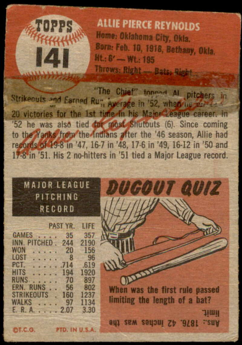 Allie Reynolds Card 1953 Topps #141 Image 2