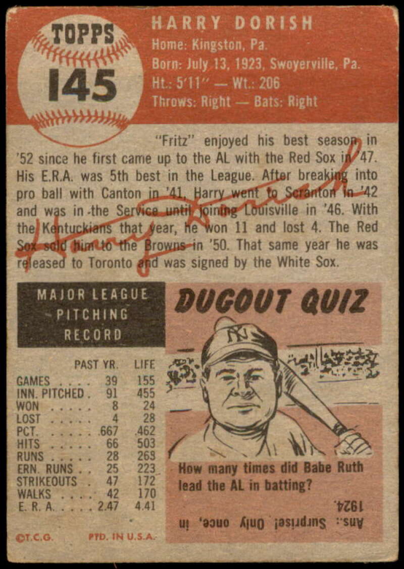 Harry Dorish Card 1953 Topps #145 Image 2
