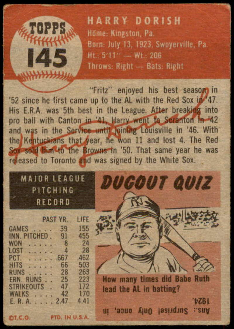 Harry Dorish Card 1953 Topps #145 Image 2