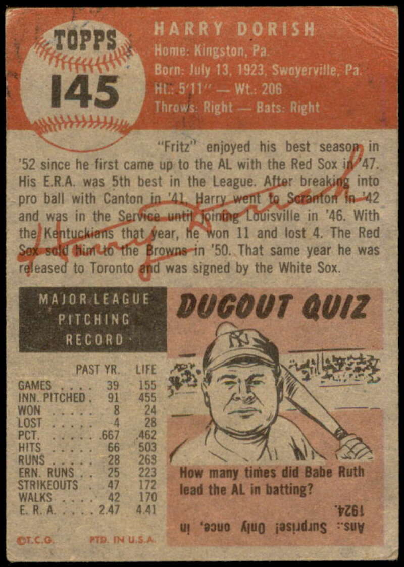 Harry Dorish Card 1953 Topps #145 Image 2