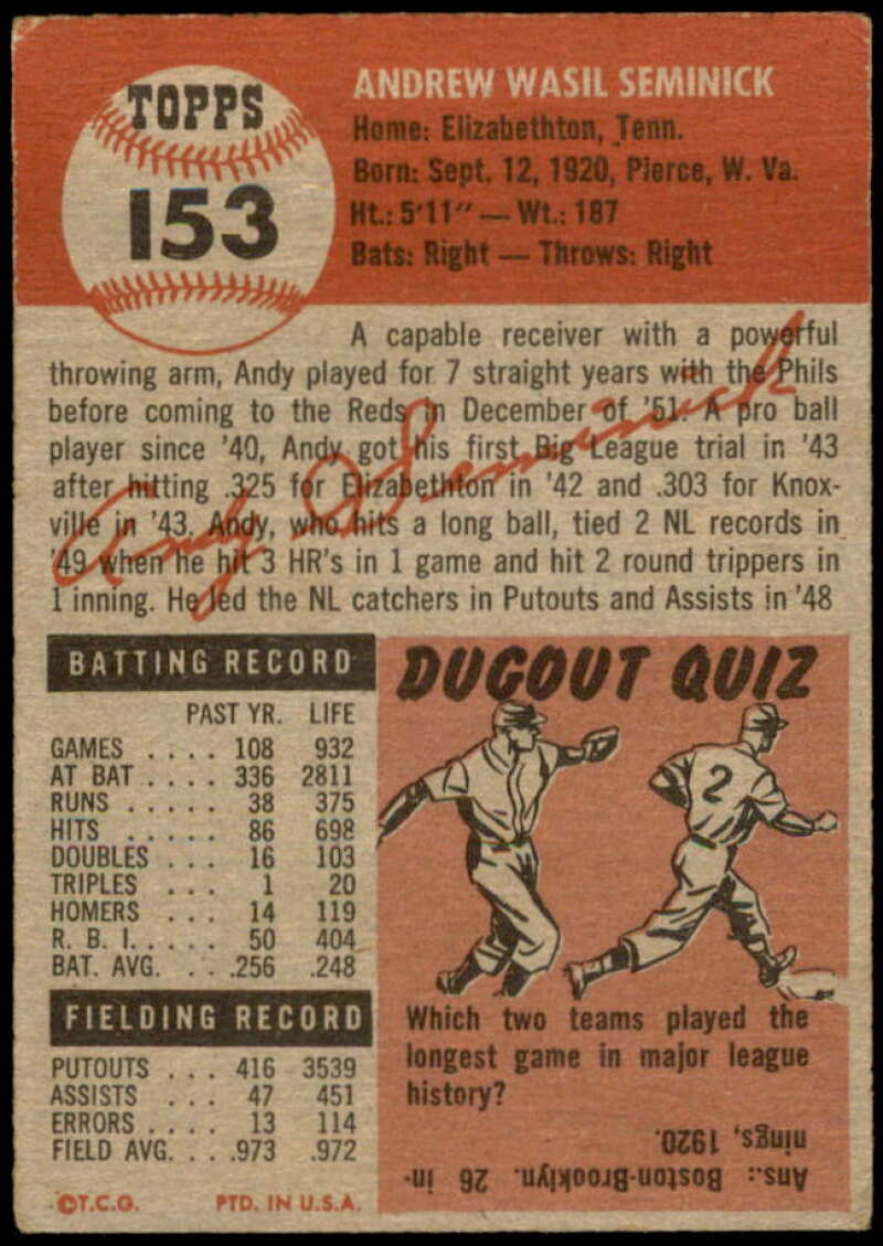 Andy Seminick Card 1953 Topps #153 Image 2
