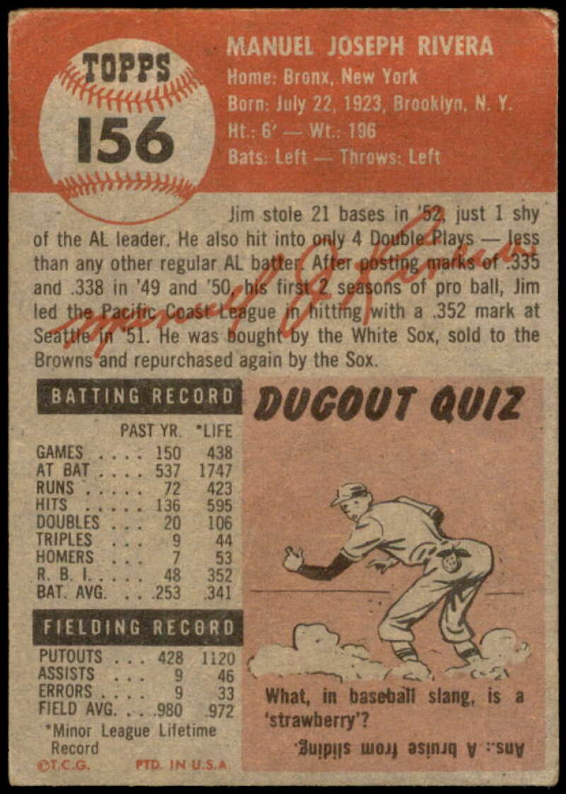 Jim Rivera Rookie Card 1953 Topps #156 Image 2