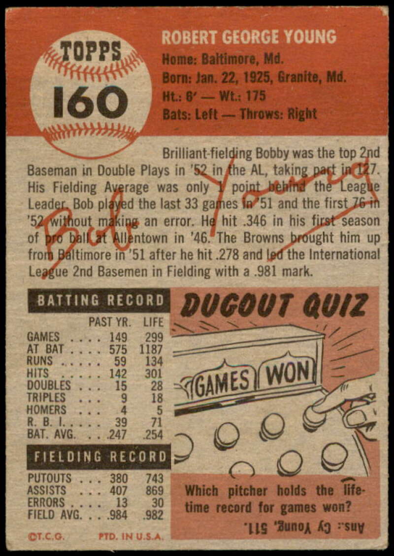 Bobby Young Card 1953 Topps #160 Image 2