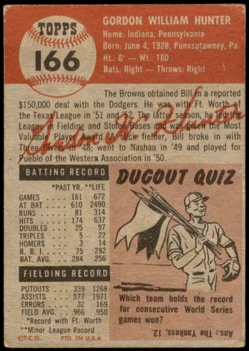 Bill Hunter Rookie Card 1953 Topps #166 Image 2