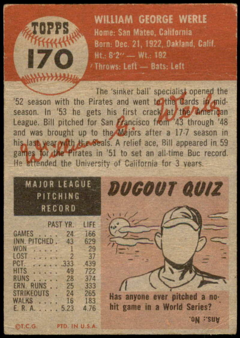 Bill Werle Card 1953 Topps #170 Image 2