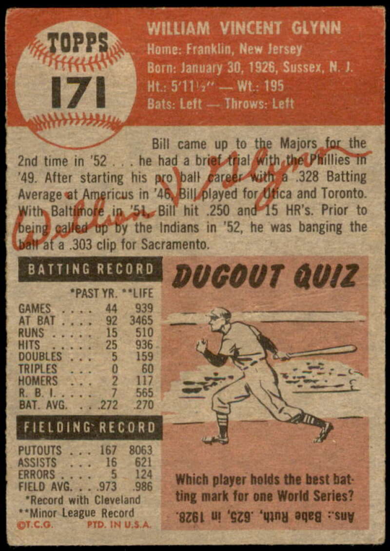 Bill Glynn Rookie Card 1953 Topps #171 Image 2