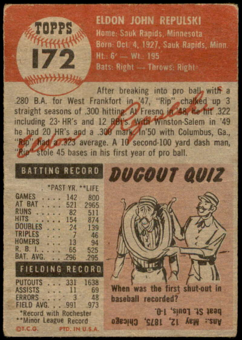 Rip Repulski Card 1953 Topps #172 Image 2