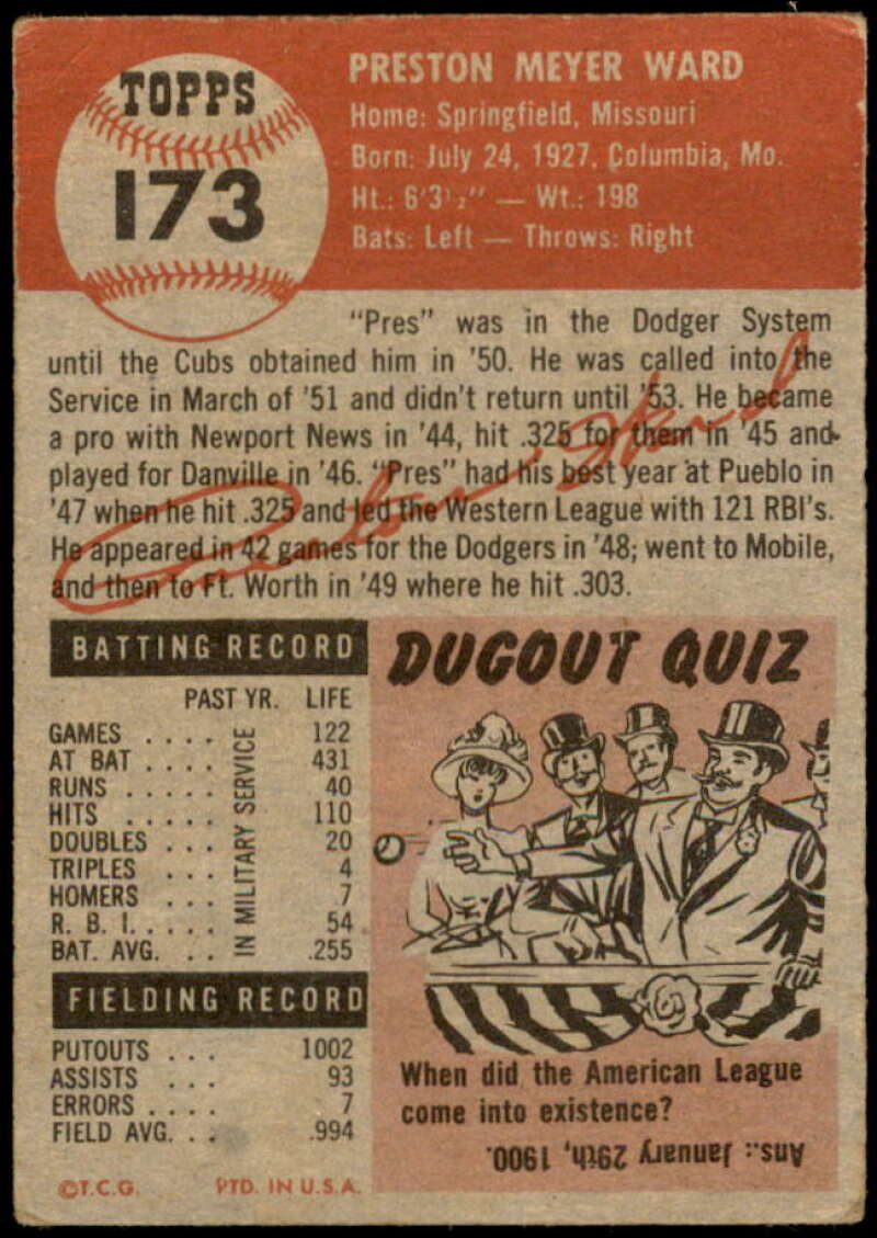 Preston Ward Card 1953 Topps #173 Image 2