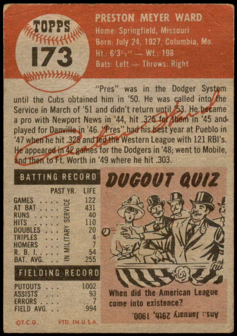 Preston Ward Card 1953 Topps #173 Image 2