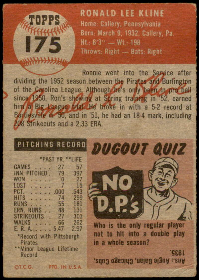 Ron Kline Rookie Card 1953 Topps #175 Image 2