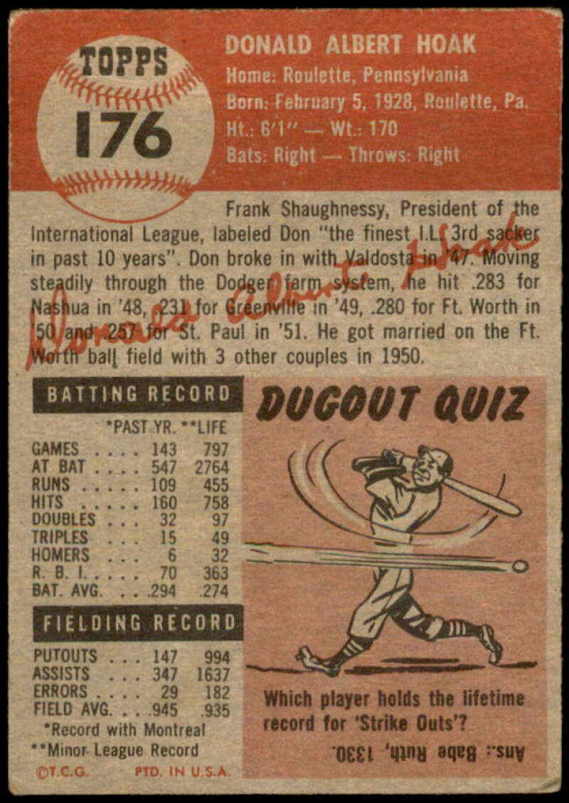 Don Hoak Rookie Card 1953 Topps #176 Image 2