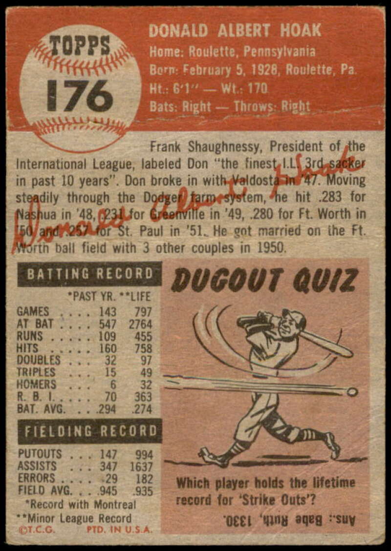 Don Hoak Rookie Card 1953 Topps #176 Image 2