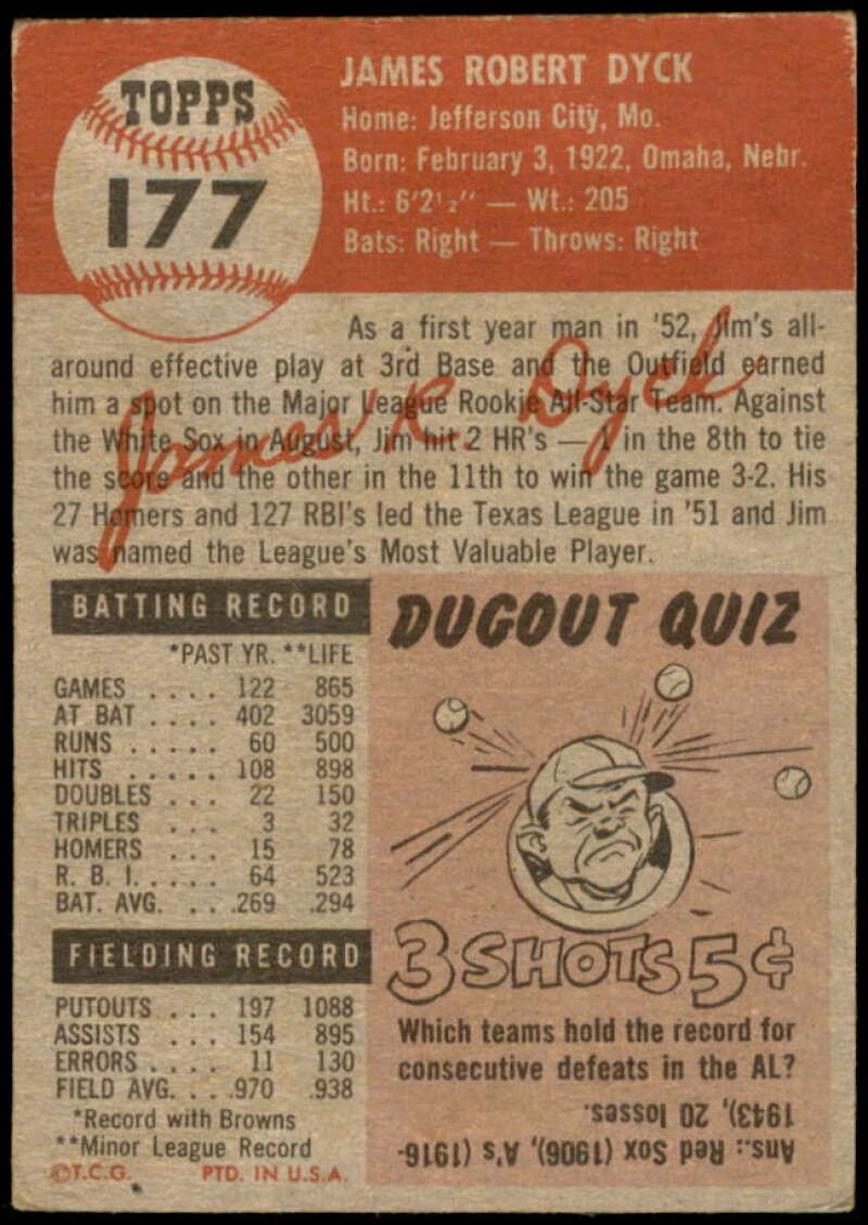 Jim Dyck Rookie Card 1953 Topps #177 Image 2
