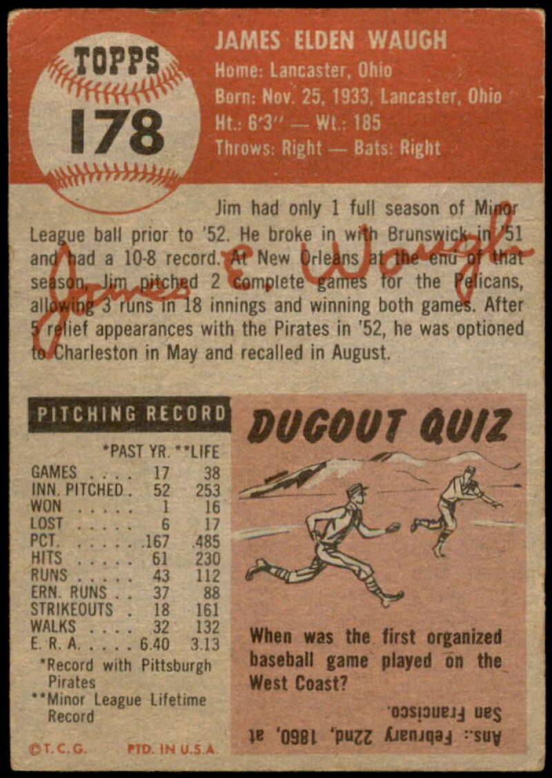Jim Waugh Rookie Card 1953 Topps #178 Image 2