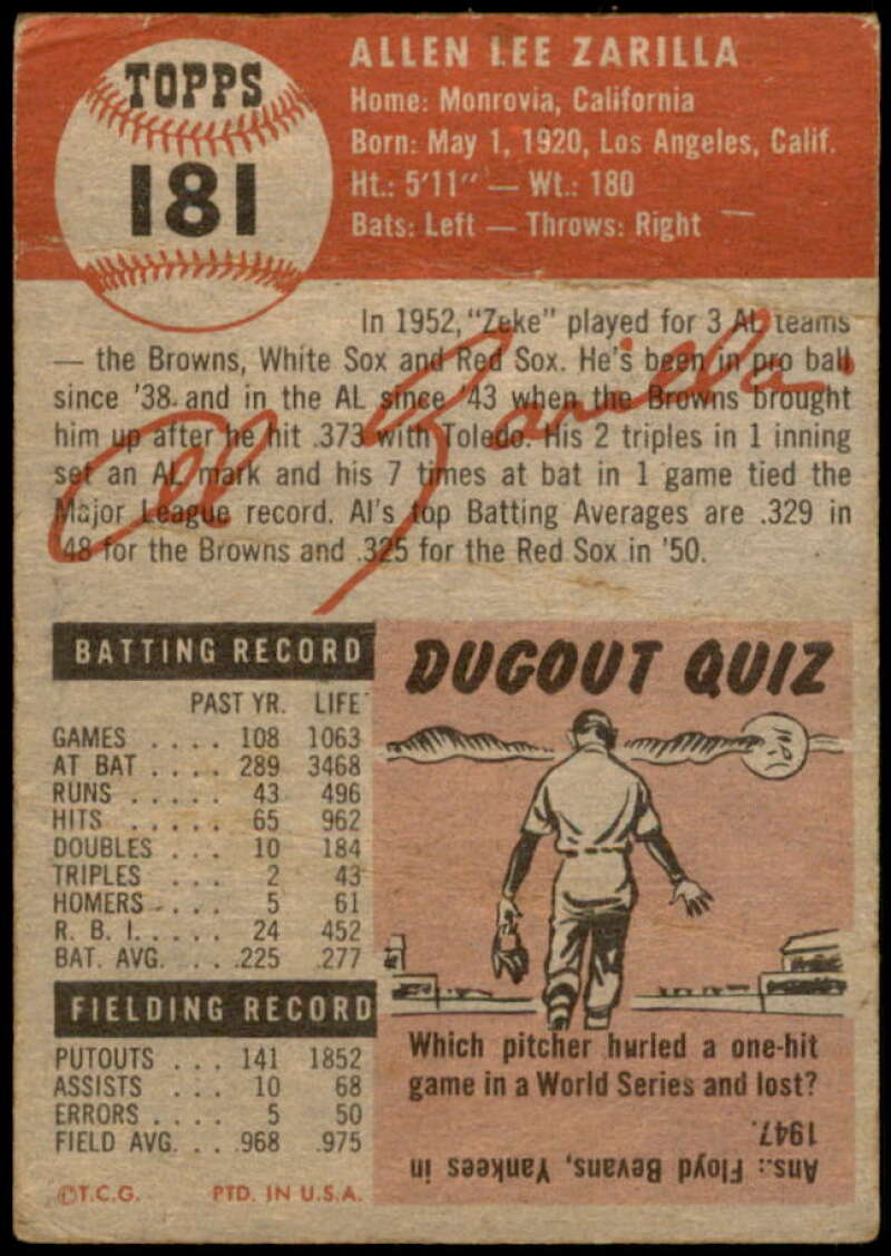 Al Zarilla Card 1953 Topps #181 Image 2