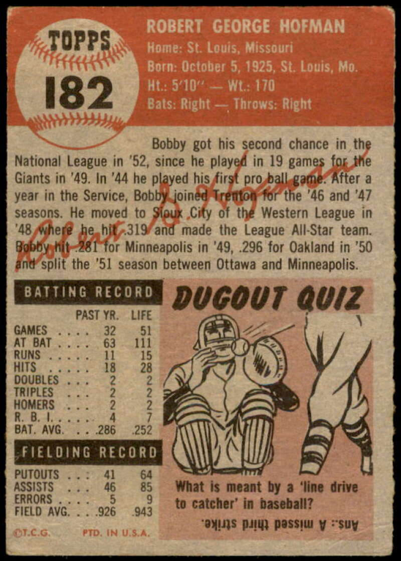 Bobby Hofman Card 1953 Topps #182 Image 2