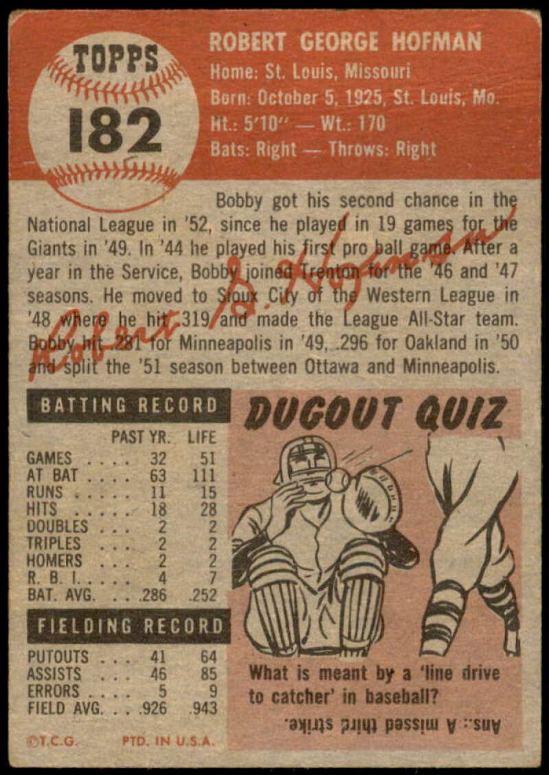 Bobby Hofman Card 1953 Topps #182 Image 2
