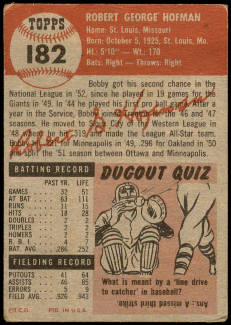 Bobby Hofman Card 1953 Topps #182 Image 2