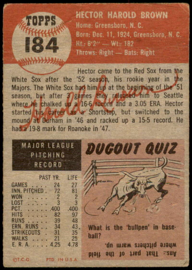Hal Brown Rookie Card 1953 Topps #184 Image 2
