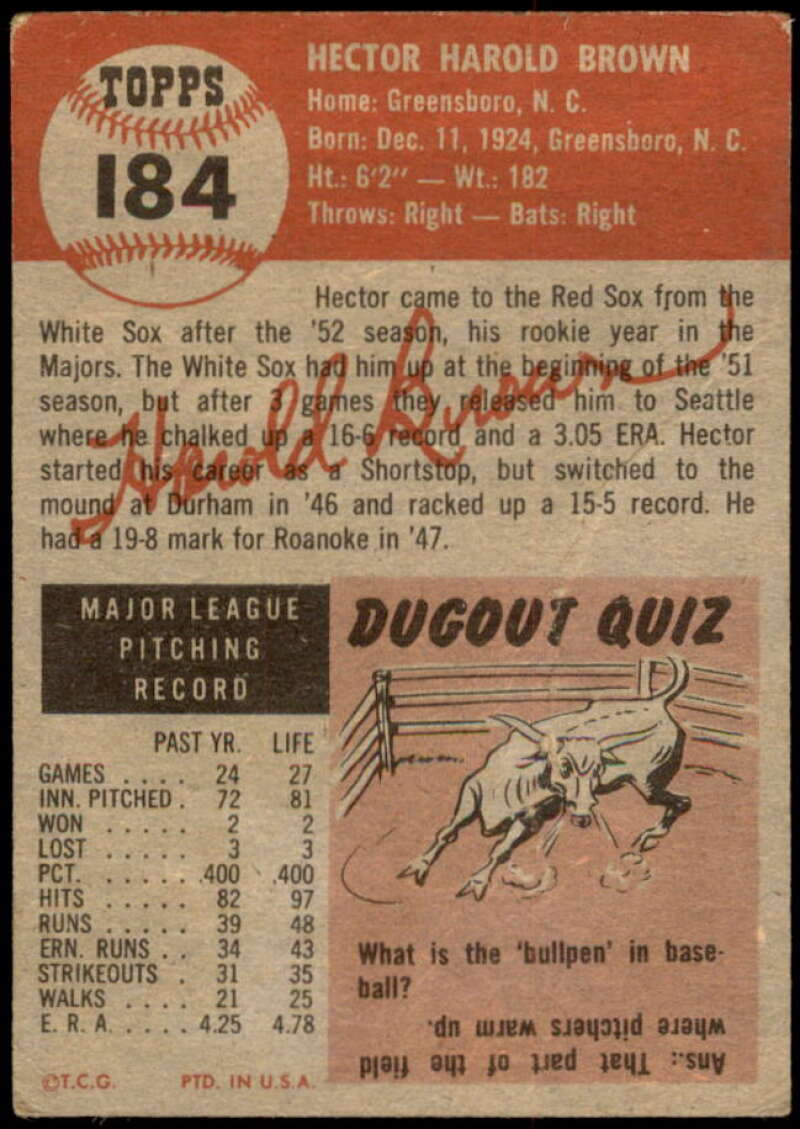 Hal Brown Rookie Card 1953 Topps #184 Image 2