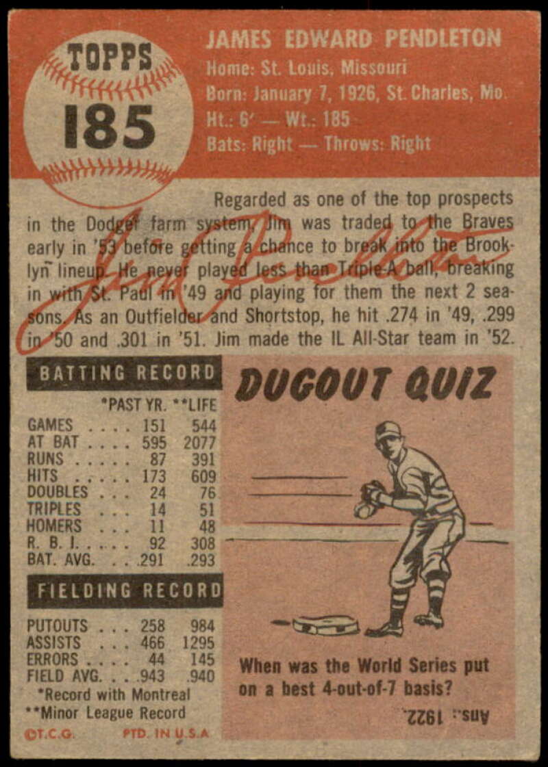 Jim Pendleton Rookie Card 1953 Topps #185 Image 2