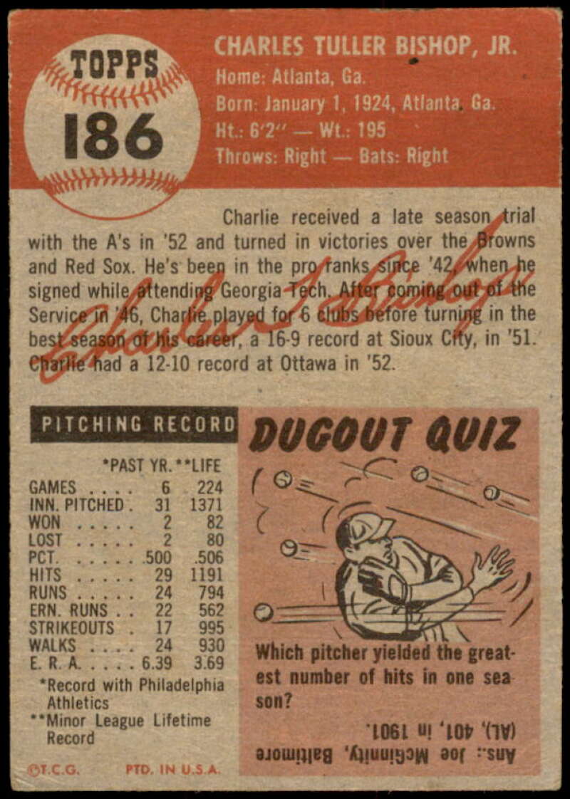Charlie Bishop Rookie Card 1953 Topps #186 Image 2
