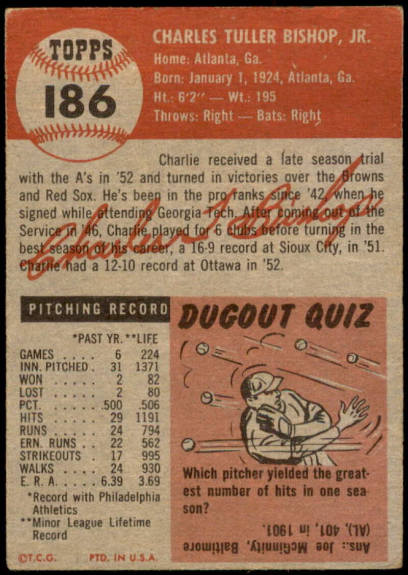 Charlie Bishop Rookie Card 1953 Topps #186 Image 2