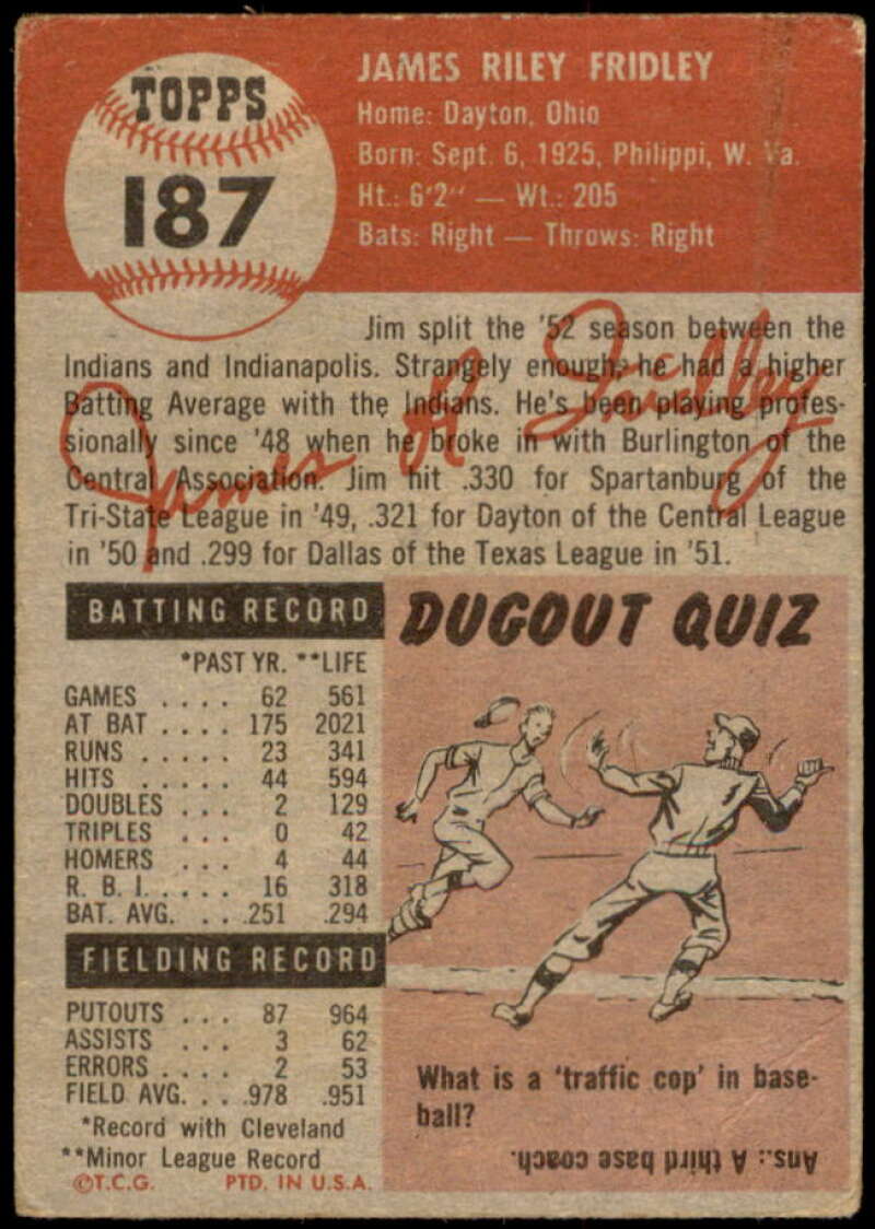 Jim Fridley Card 1953 Topps #187 Image 2