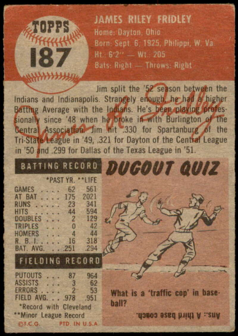 Jim Fridley Card 1953 Topps #187 Image 2