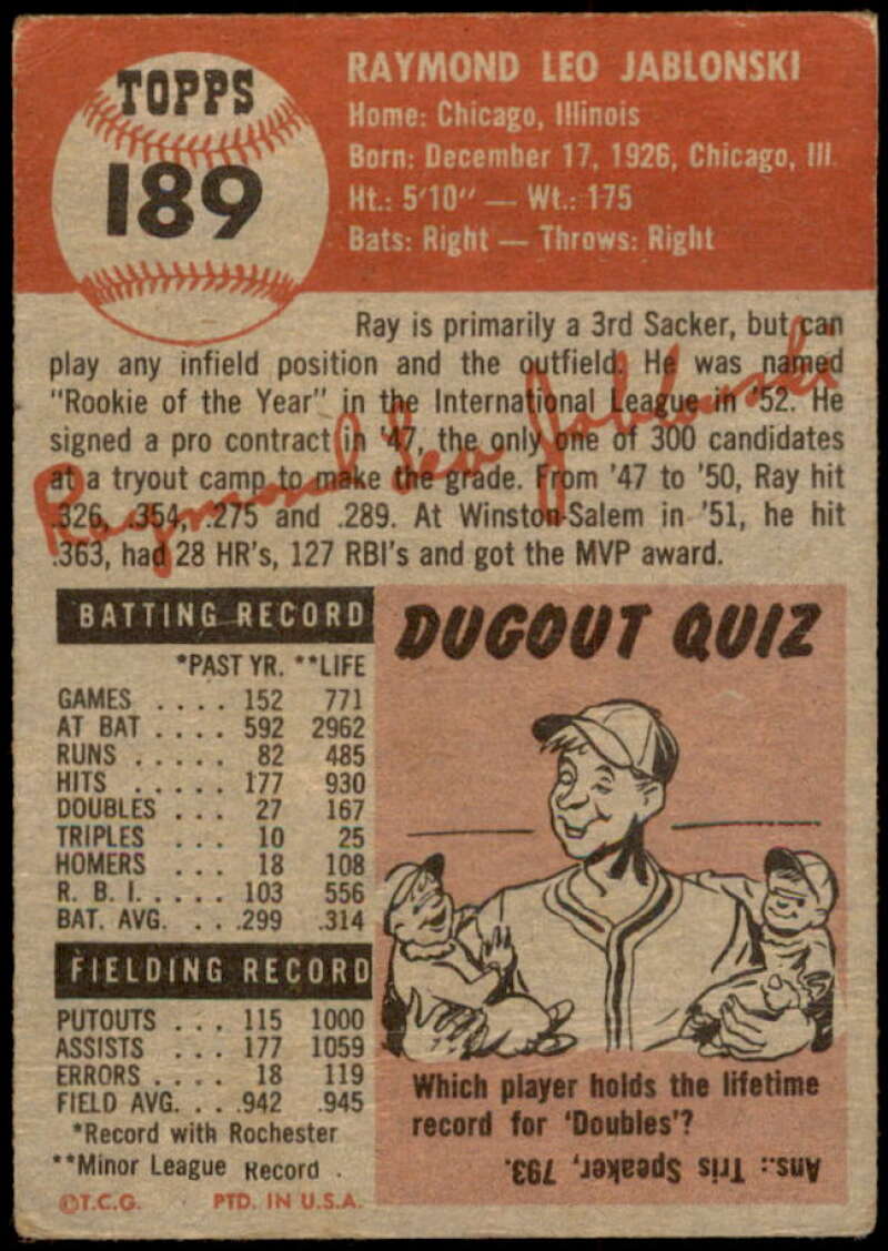 Ray Jablonski Rookie Card 1953 Topps #189 Image 2