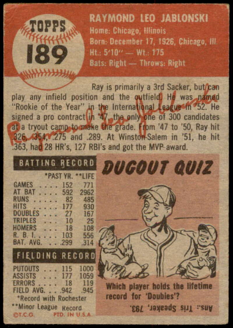 Ray Jablonski Rookie Card 1953 Topps #189 Image 2