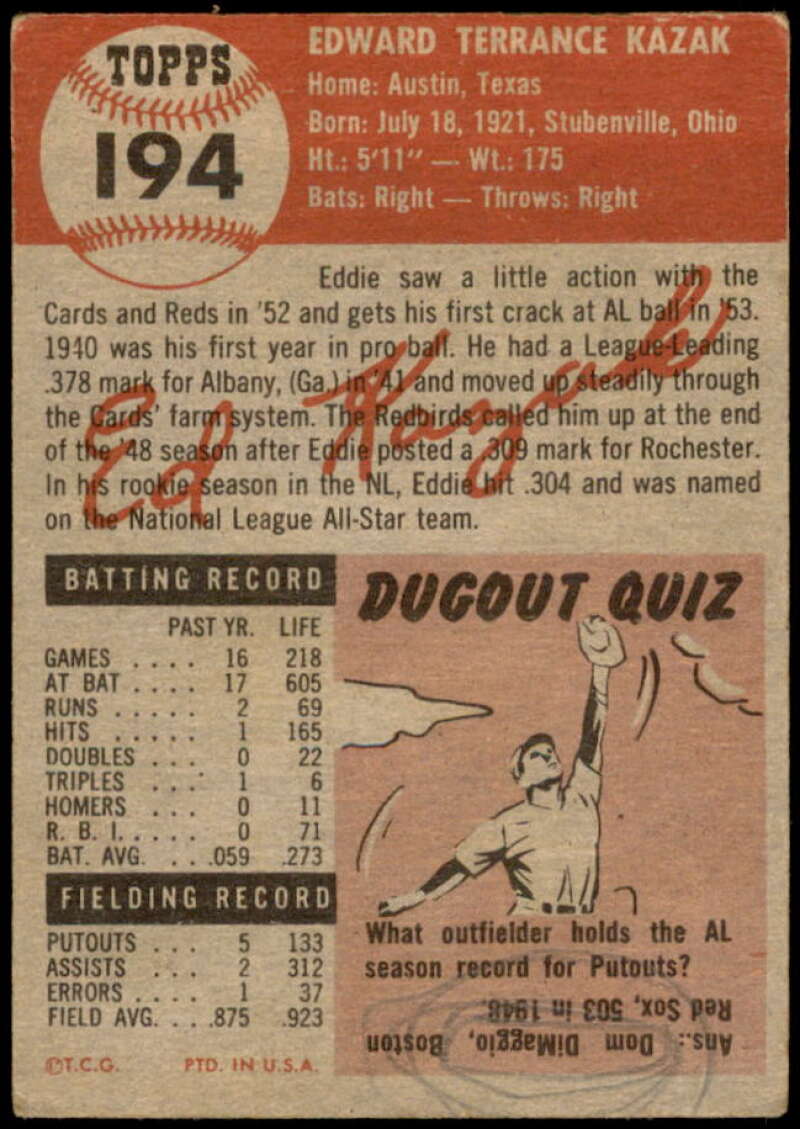 Eddie Kazak Card 1953 Topps #194 Image 2