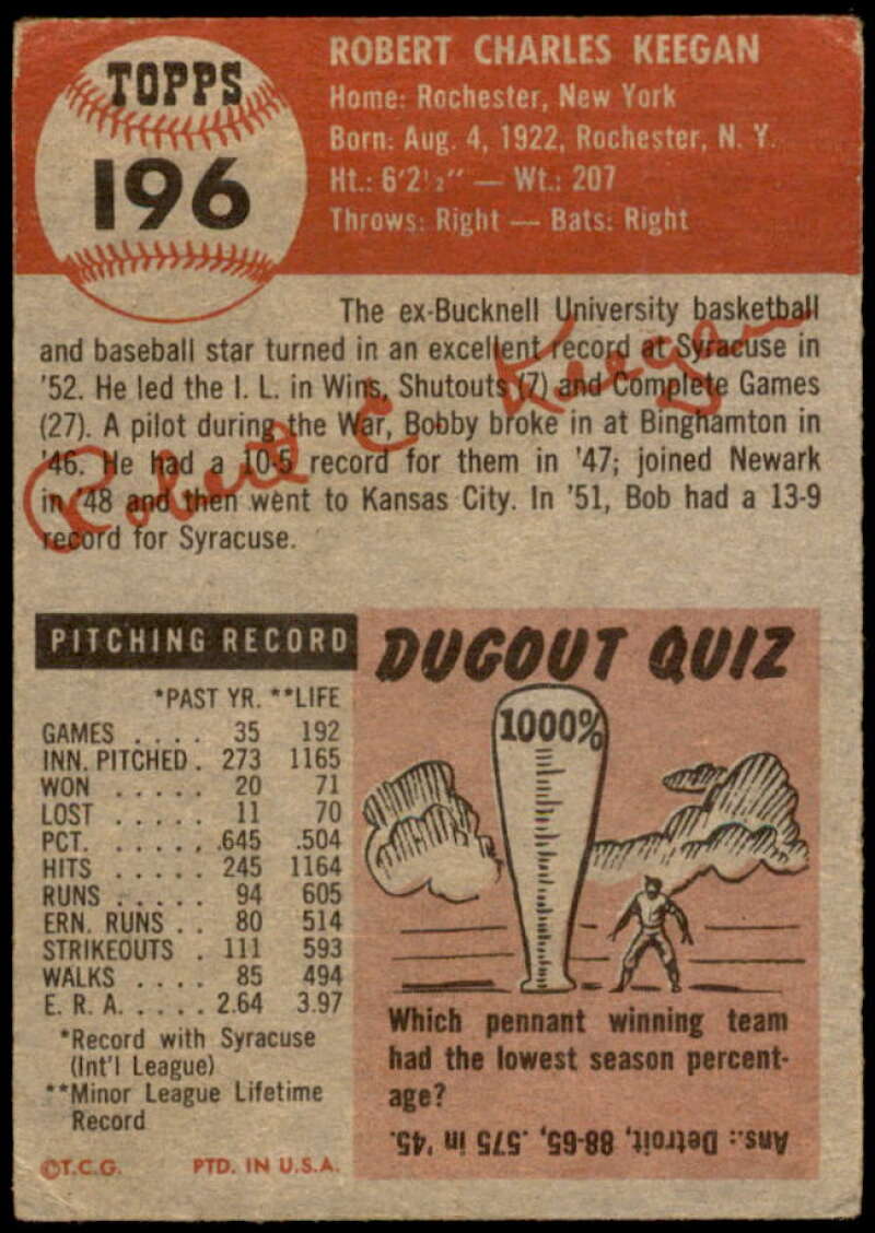 Bob Keegan Rookie Card 1953 Topps #196 Image 2