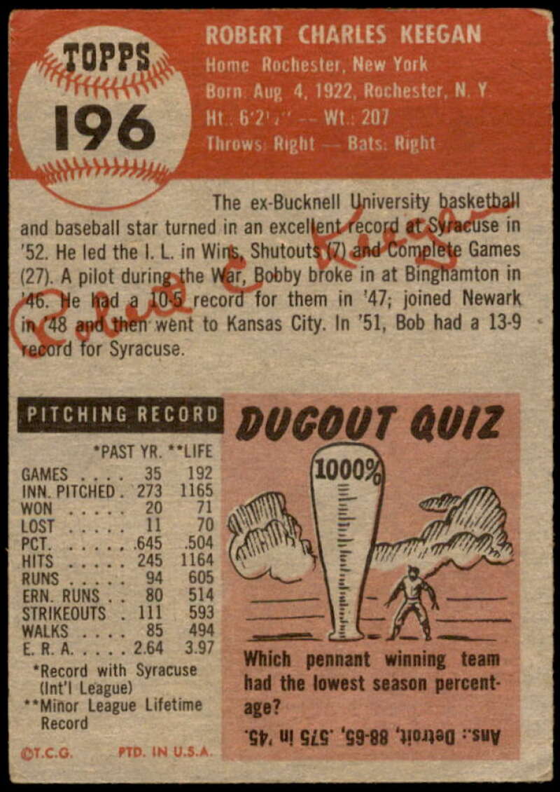 Bob Keegan Rookie Card 1953 Topps #196 Image 2
