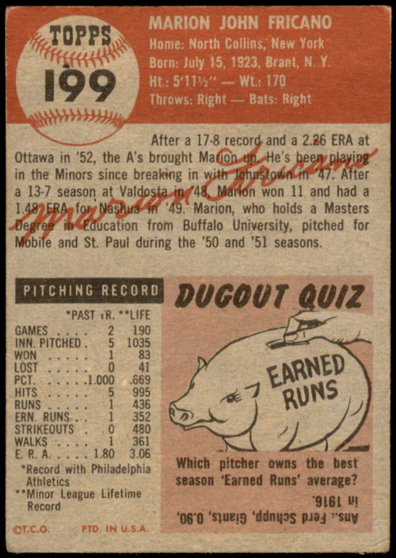 Marion Fricano Rookie Card 1953 Topps #199 Image 2