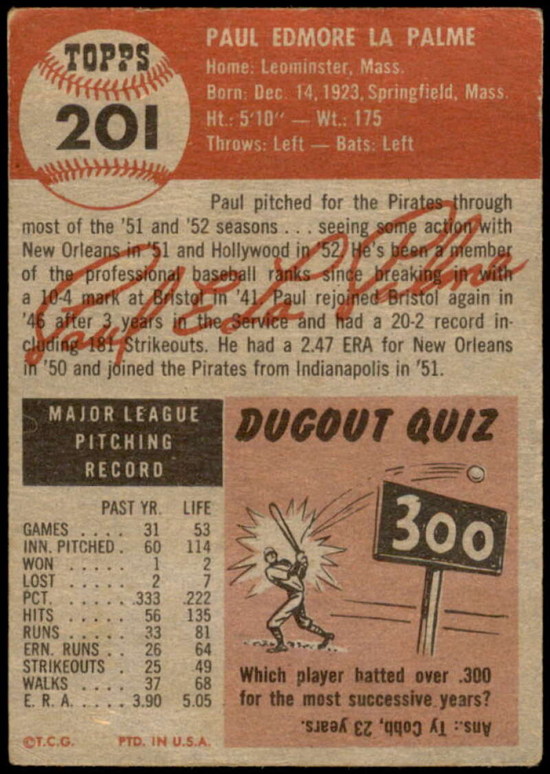Paul LaPalme Card 1953 Topps #201 Image 2
