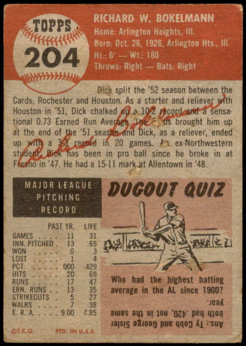 Dick Bokelmann Rookie Card 1953 Topps #204 Image 2