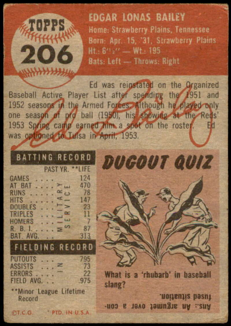 Ed Bailey Rookie Card 1953 Topps #206 Image 2
